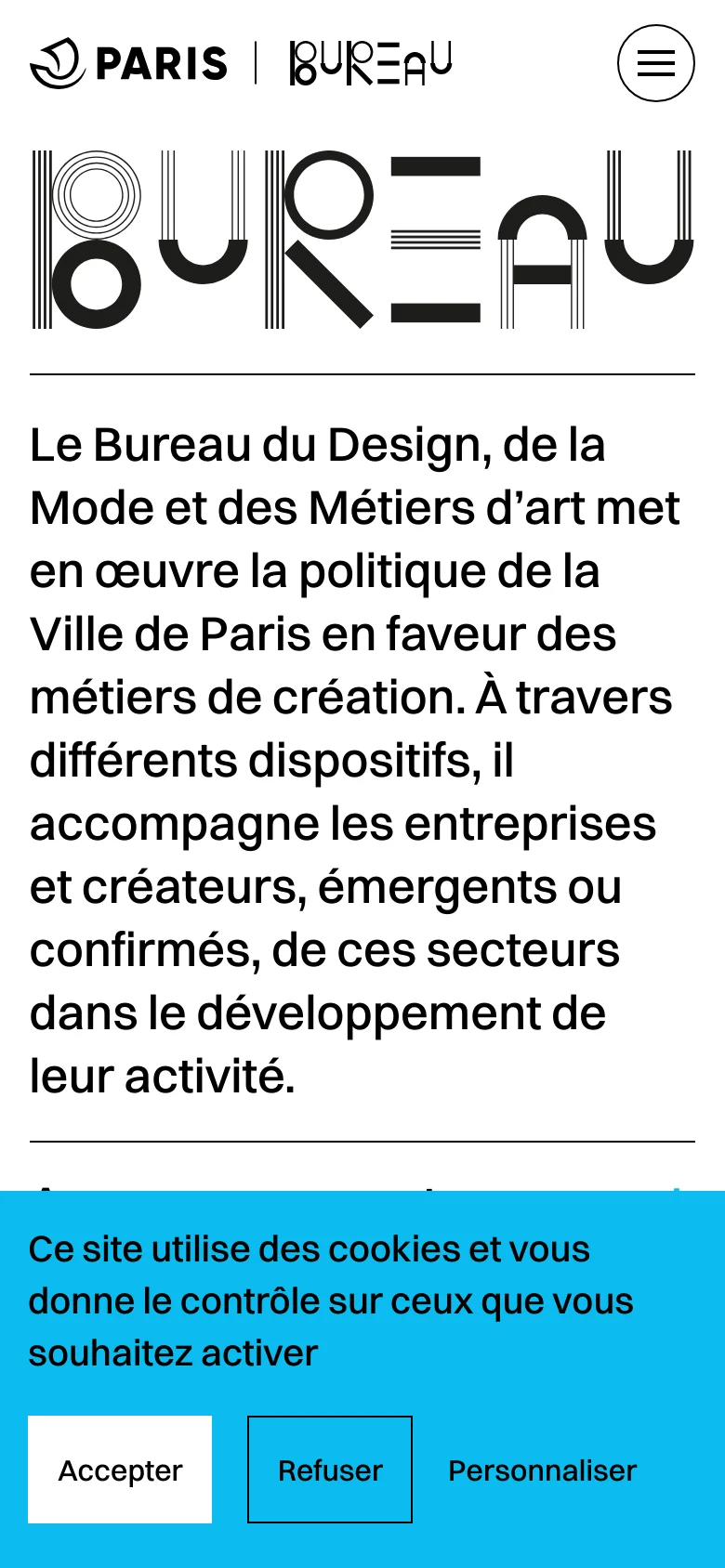 The mobile version displays a simplified layout with a hamburger menu icon in the top right and the Paris and Bureau logos centered at the top. The large 'BUREAU' typography remains the central focus above the introductory text, and the cyan cookie consent banner spans the full width of the bottom of the screen.
