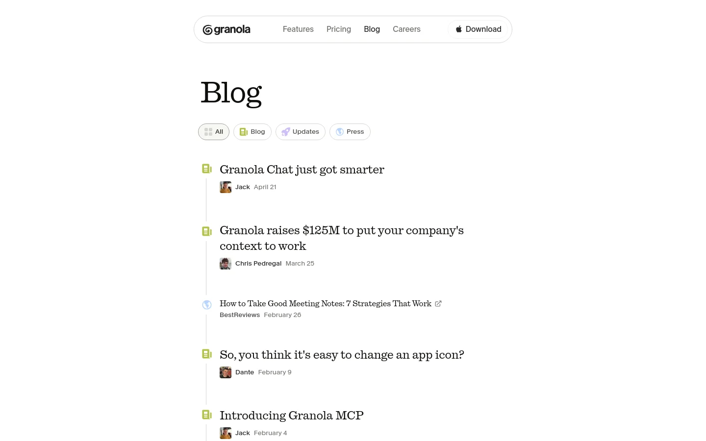 Granola blog page featuring a minimalist list layout with large serif typography. The interface includes category filter chips for All, Blog, Updates, and Press, followed by a vertical feed of article headlines, author avatars, and dates on a clean white background.