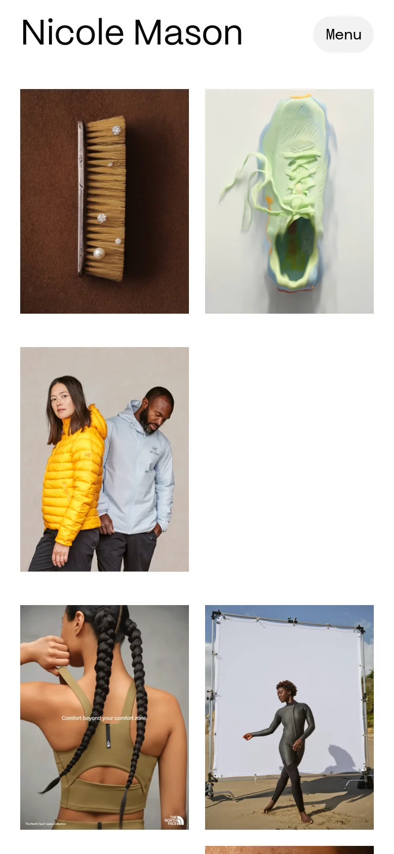 The mobile version of the homepage simplifies the layout, featuring the name 'Nicole Mason' at the top left and a 'Menu' button at the top right. The photography projects are displayed in a single-column vertical scroll, emphasizing large, full-width images of various portrait and product shots.