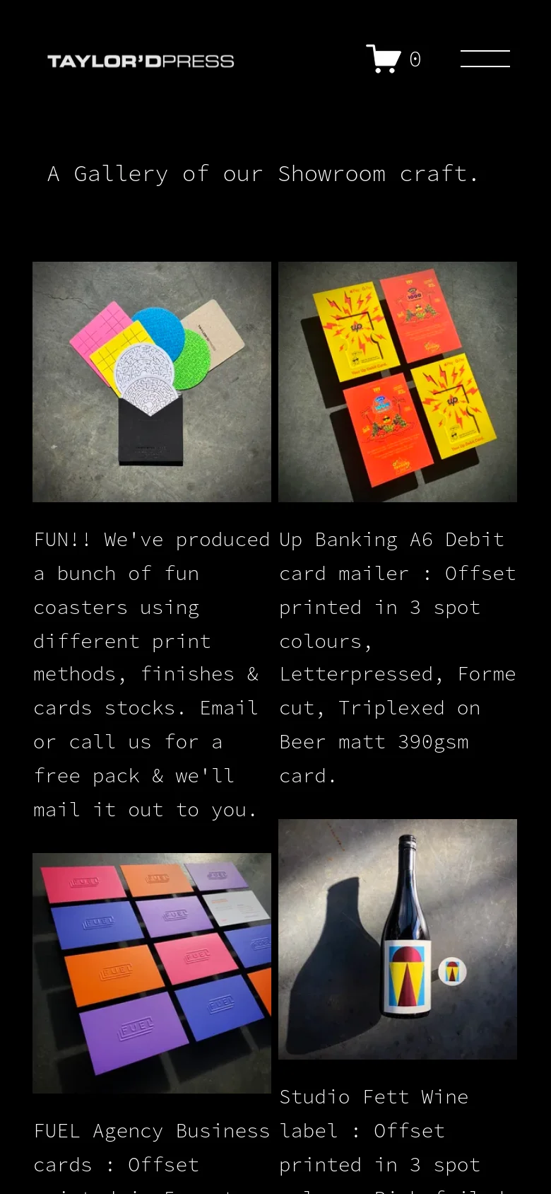 The mobile version maintains the dark theme but uses a condensed layout with a hamburger menu and a shopping cart icon at the top. The product gallery shifts to a single-column vertical stack, showing large images of coasters, mailers, and wine labels with their descriptive text underneath.