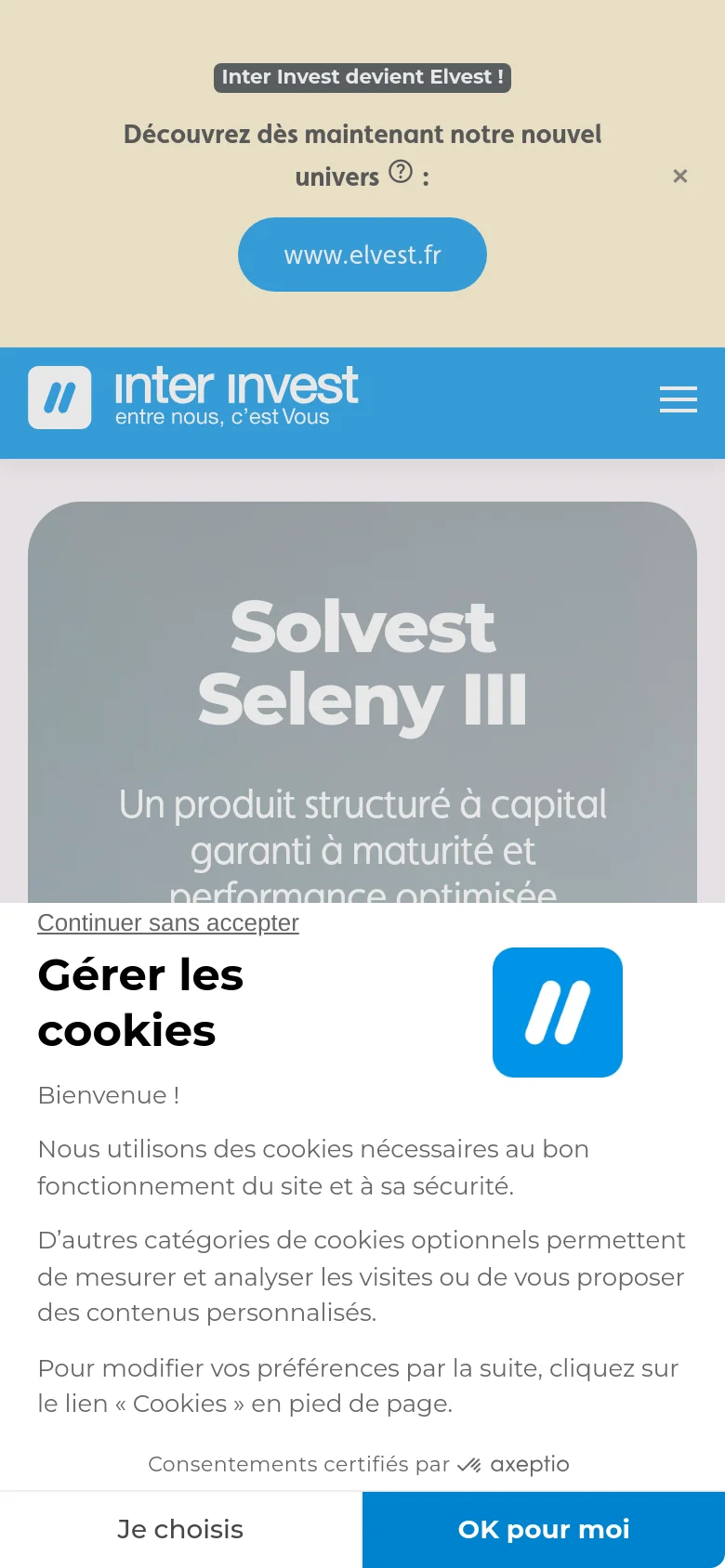 The mobile version simplifies the layout with a blue header containing a hamburger menu icon and the Inter Invest logo. The hero section shows the 'Solvest Seleny III' headline on a large grey background, and a large cookie consent banner covers the bottom half of the screen with blue action buttons.