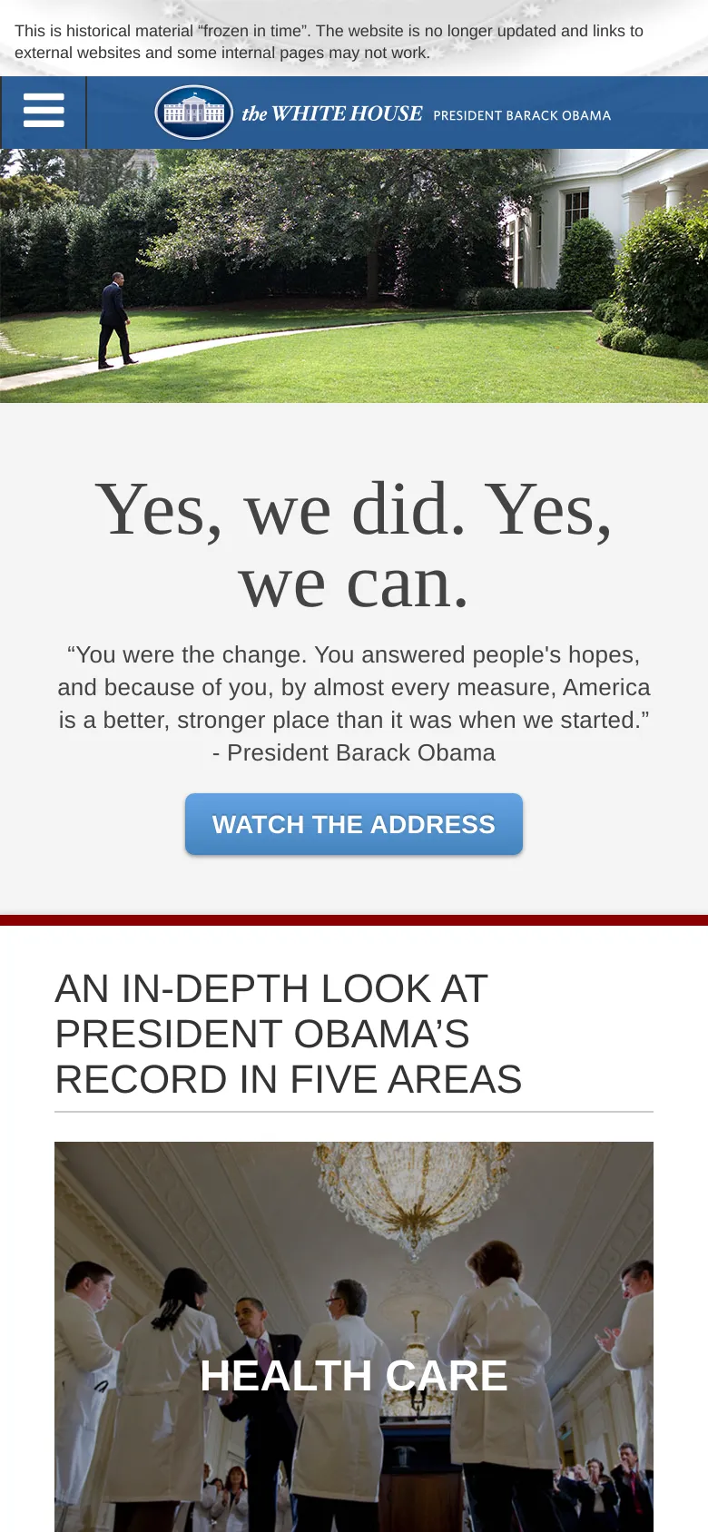 The mobile version uses a vertical layout with a condensed navigation menu represented by a hamburger icon. The hero image is cropped to focus on the lawn and the President, followed by the headline, a quote, and the 'Watch the Address' button stacked vertically. The content grid below transitions into a single-column view for easier scrolling on small screens.