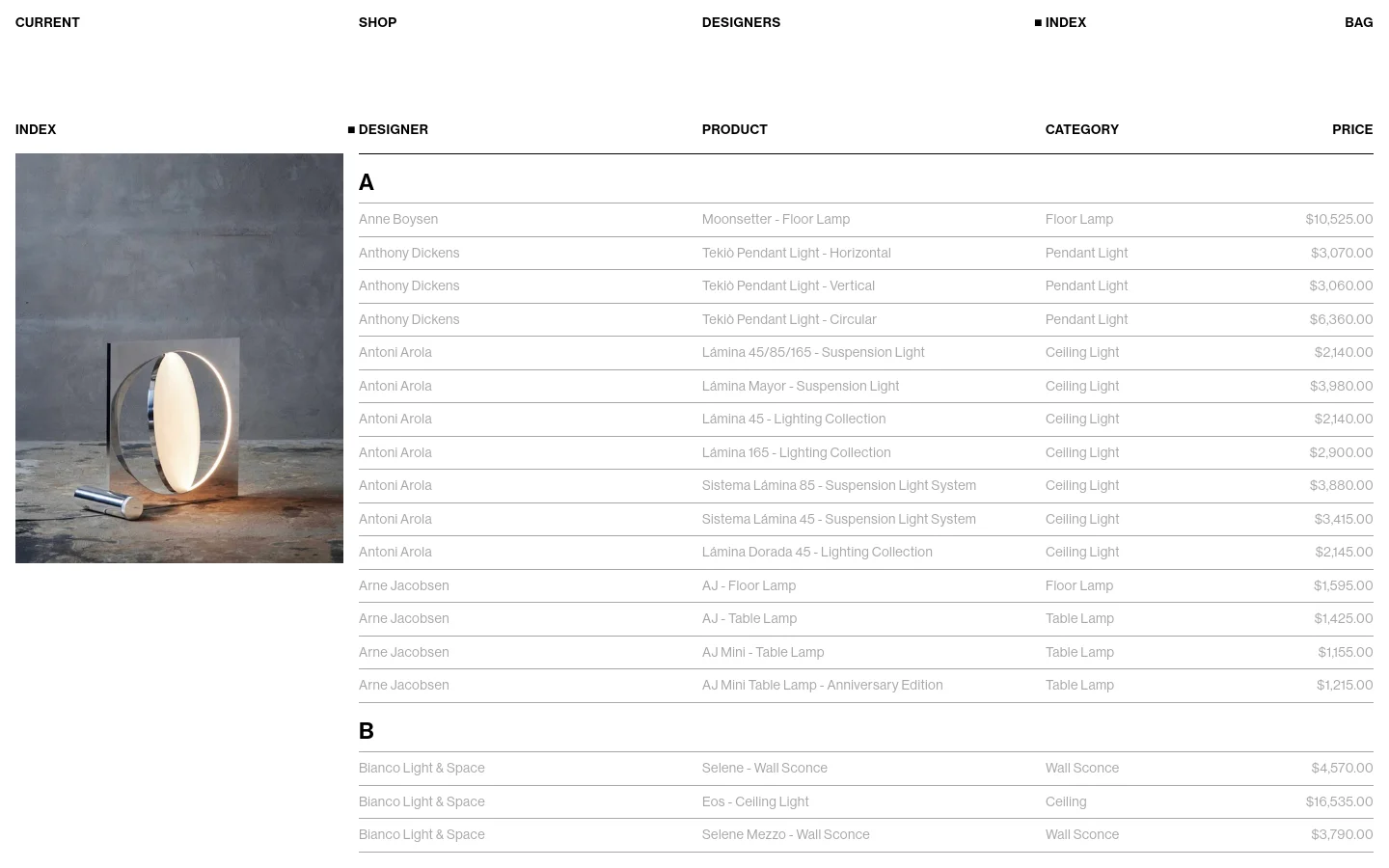 The desktop index page features a minimalist white layout with a navigation menu at the top and a large hero image of a circular Moonsetter Floor Lamp on the left. To the right, a structured product table lists designers, product names, categories, and prices under alphabetical headings.