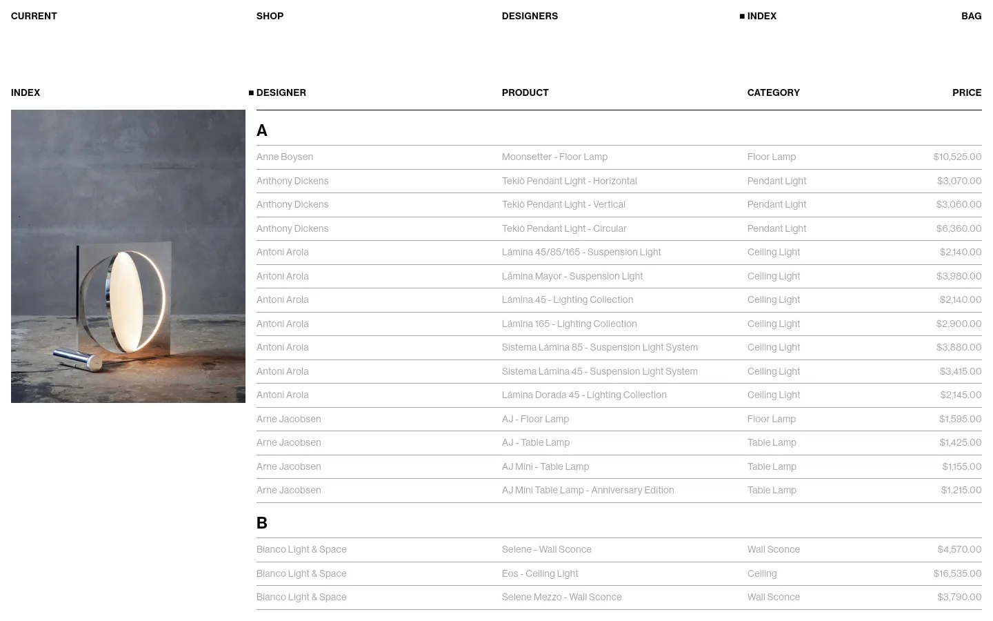 The desktop index page features a minimalist white layout with a navigation menu at the top and a large hero image of a circular Moonsetter Floor Lamp on the left. To the right, a structured product table lists designers, product names, categories, and prices under alphabetical headings.