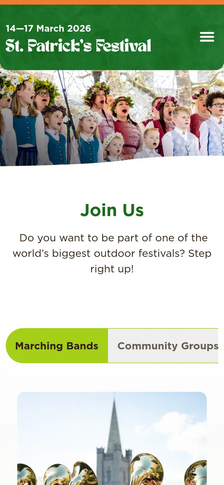 The mobile version uses a simplified green header with a hamburger menu icon and the festival logo. The hero image of the choir remains prominent, but the 'Join Us' section and navigation buttons are stacked vertically or presented in a scrollable format to fit the narrower screen width.