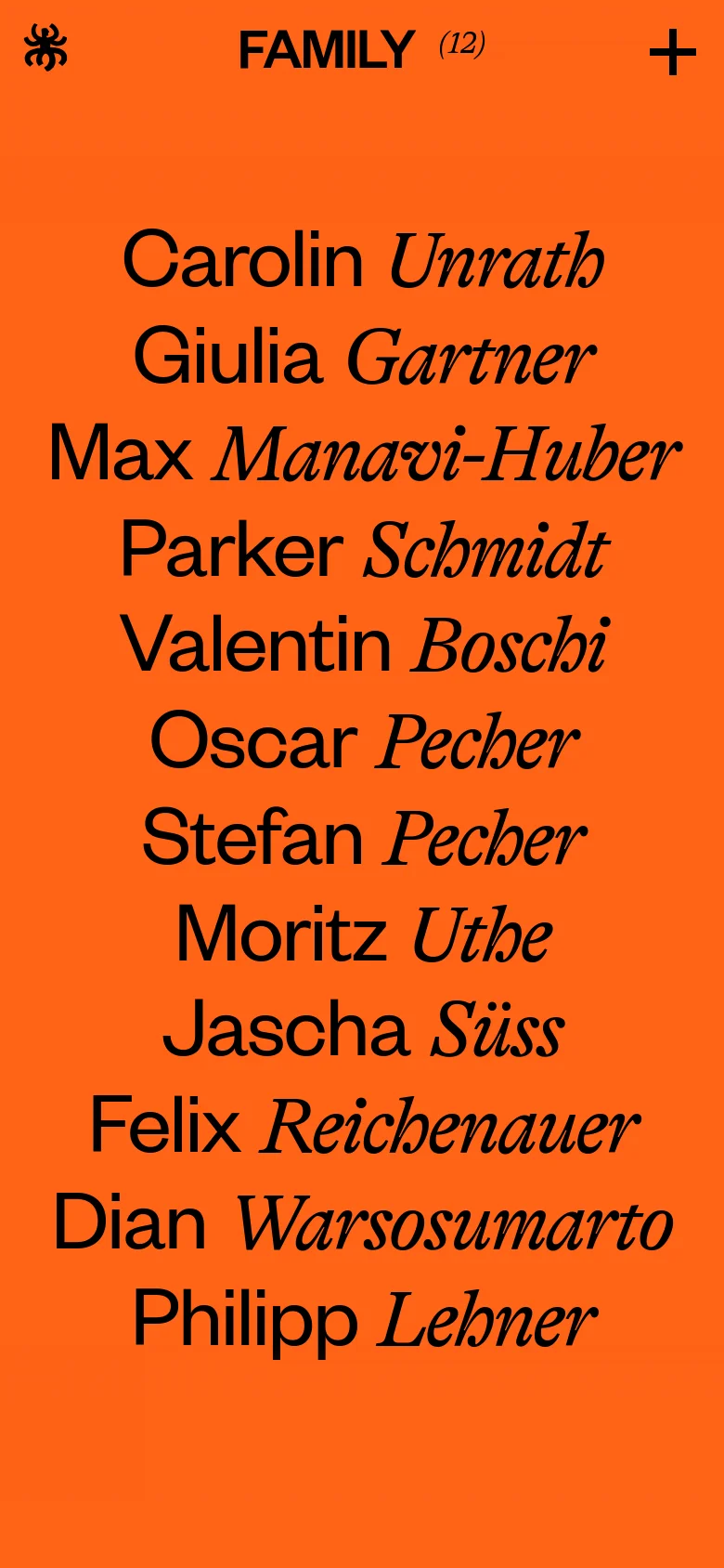 The mobile version maintains the vibrant orange background but shifts to a single-column vertical layout. The header is simplified to 'FAMILY (12)' with a small logo on the left and a plus icon on the right. The names are stacked vertically in a large, centered typographic list.