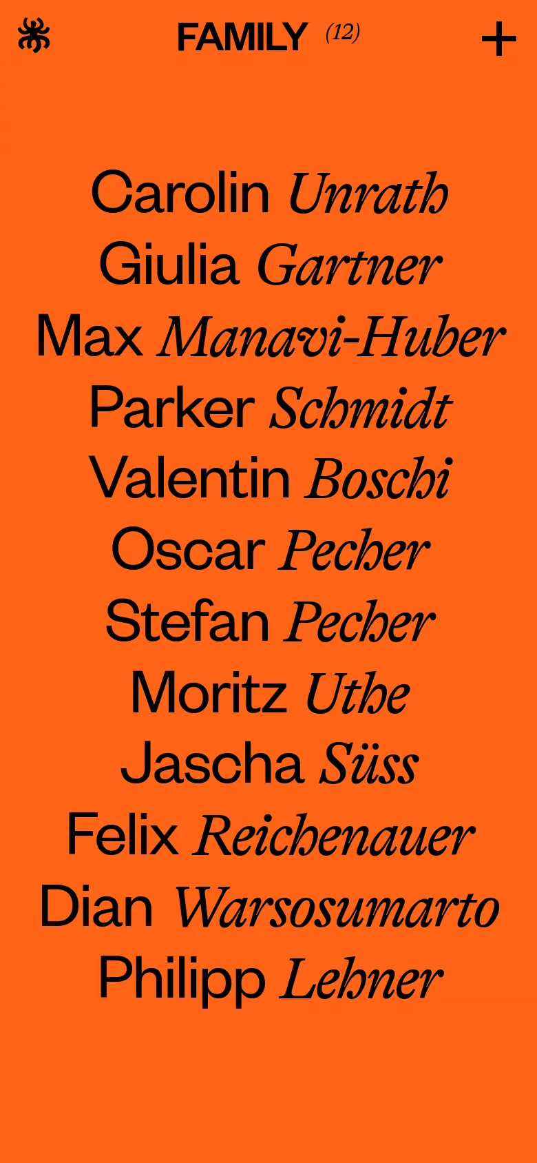 The mobile version maintains the vibrant orange background but shifts to a single-column vertical layout. The header is simplified to 'FAMILY (12)' with a small logo on the left and a plus icon on the right. The names are stacked vertically in a large, centered typographic list.