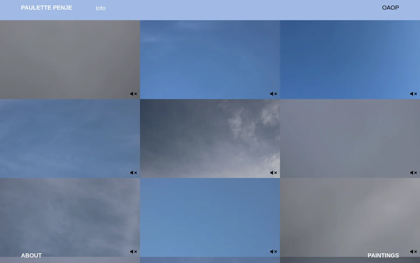 The desktop version features a minimalist header with 'PAULETTE PENJE', 'Info', and 'OAOP' on a light blue background. Below, a grid of large, rectangular video thumbnails displays various shades of blue and gray sky, each marked with a small muted speaker icon in the corner.