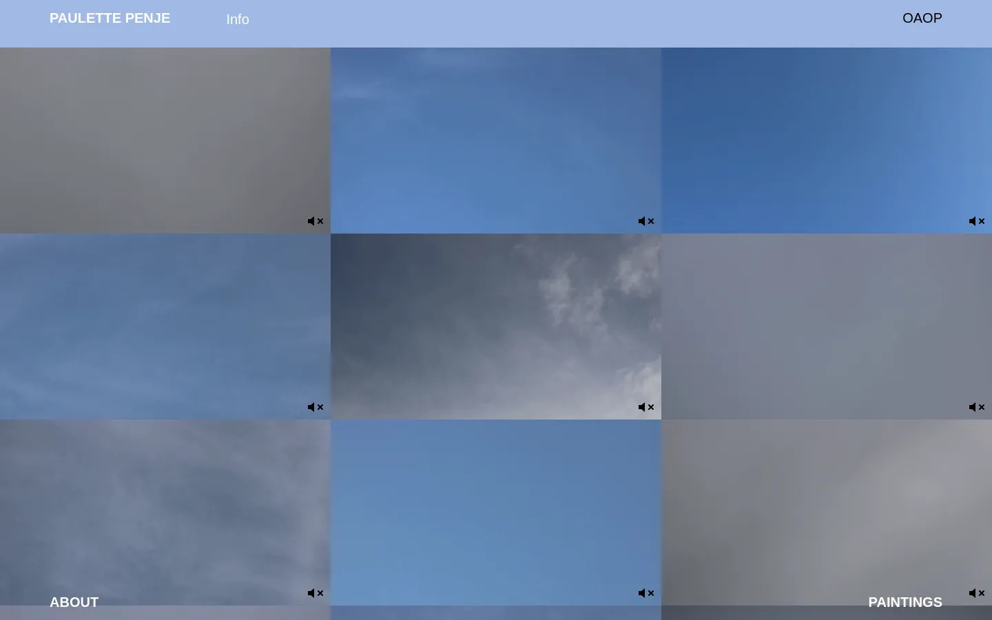 The desktop version features a minimalist header with 'PAULETTE PENJE', 'Info', and 'OAOP' on a light blue background. Below, a grid of large, rectangular video thumbnails displays various shades of blue and gray sky, each marked with a small muted speaker icon in the corner.