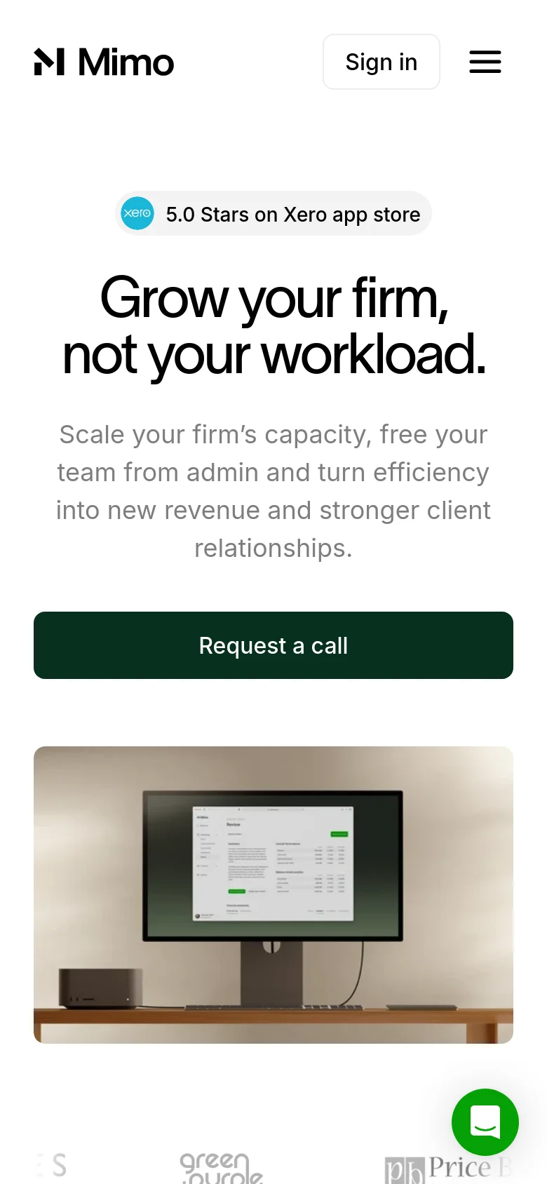 The mobile version uses a single-column layout with the Mimo logo and a hamburger menu at the top. The hero text and 'Request a call' button are stacked vertically, followed by a large, full-width image of the dashboard on a monitor and a scrolling section of client logos.