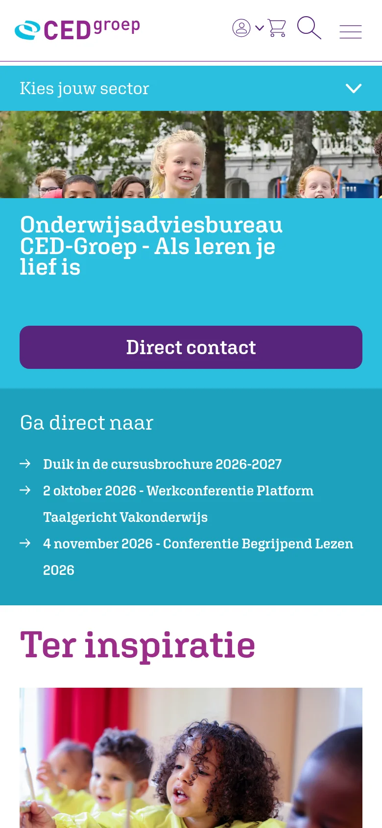 The mobile version uses a condensed layout with a hamburger menu and a teal 'Kies jouw sector' dropdown bar at the top. The hero section features the same smiling children image, but the headline and purple 'Direct contact' button are stacked vertically above a list of quick links on a teal background.