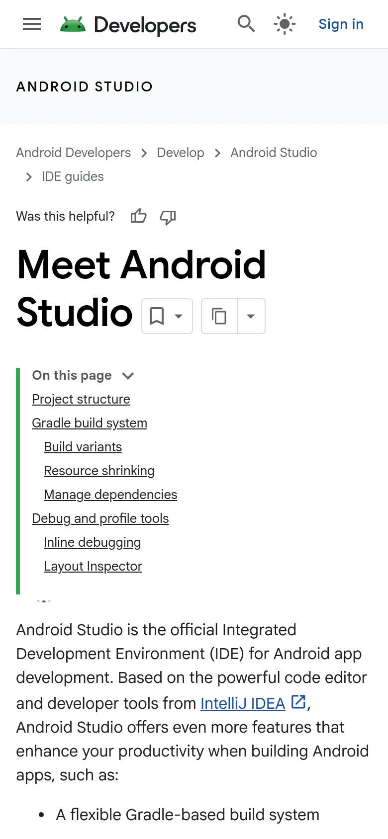 Mobile view of the 'Meet Android Studio' guide page. The layout is simplified into a single column, with the left sidebar navigation hidden behind a hamburger menu. The 'On this page' section is presented as a collapsible dropdown menu below the main headline to save vertical space.