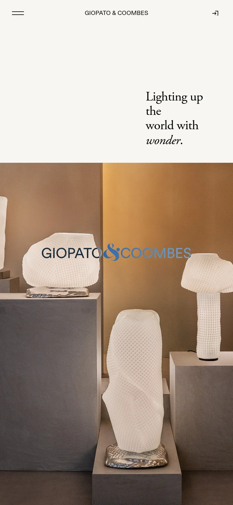 The mobile version simplifies the layout, moving the brand name to the center and replacing the side menu with a hamburger icon and a login icon. The hero image remains prominent, showing the sculptural lighting pieces, but the text is rearranged to fit the vertical screen orientation.