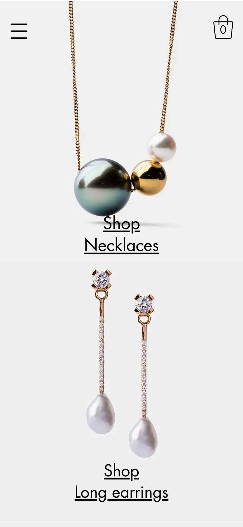 The mobile version uses a simplified layout with a hamburger menu icon on the top left and a shopping bag icon on the top right. The product categories, such as Necklaces and Long earrings, are stacked vertically in a single column to fit the narrow screen.