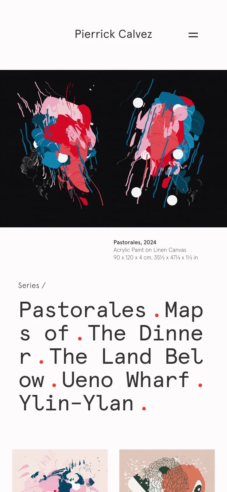 The mobile version features a simplified header with the artist's name and a hamburger menu icon. The large abstract hero image spans the width of the screen, followed by a vertically stacked list of art series and a single-column grid of artwork images.