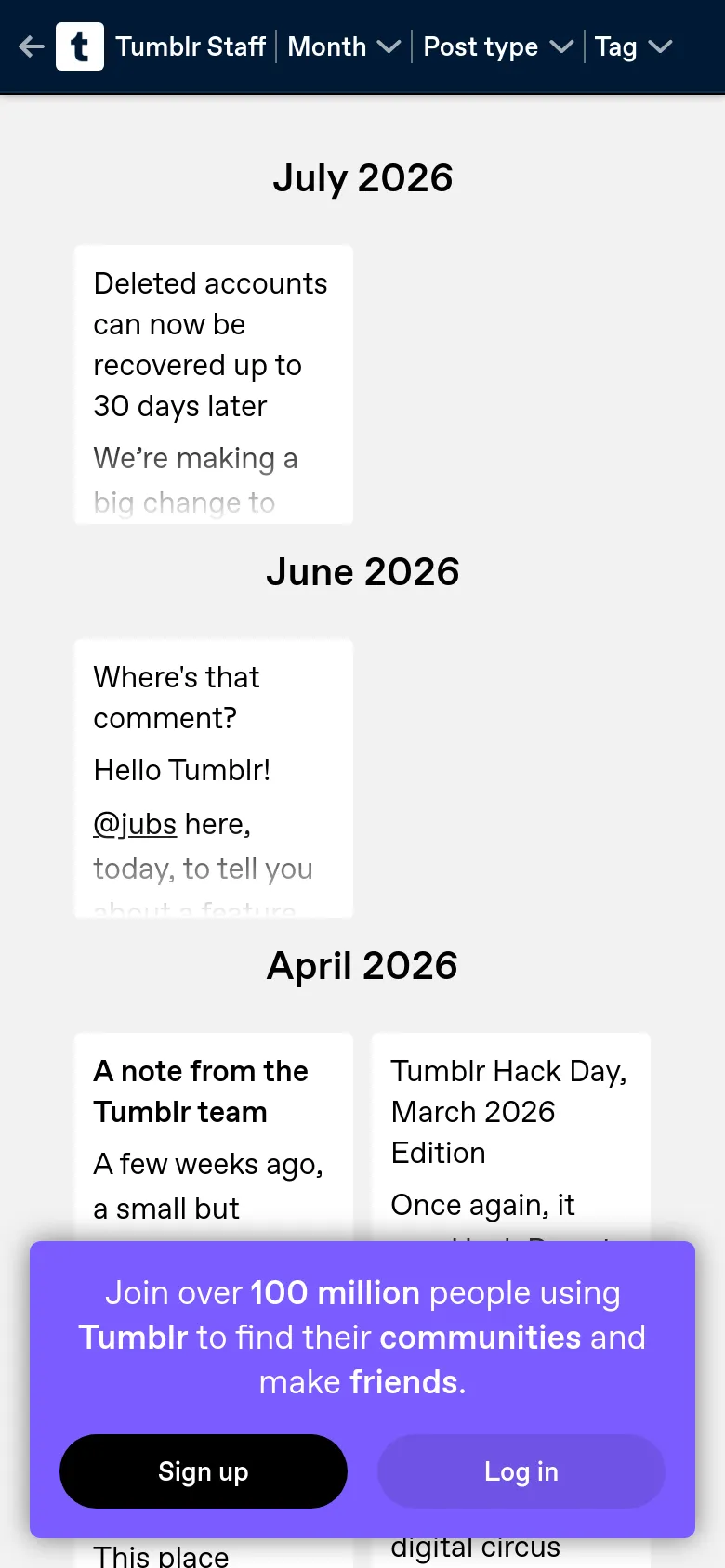 The mobile version presents a single-column vertical layout of the archive, stacking the post cards and month headings for easier scrolling. The top navigation bar is condensed, and a large purple promotional banner at the bottom encourages users to join Tumblr with prominent 'Sign up' and 'Log in' buttons.