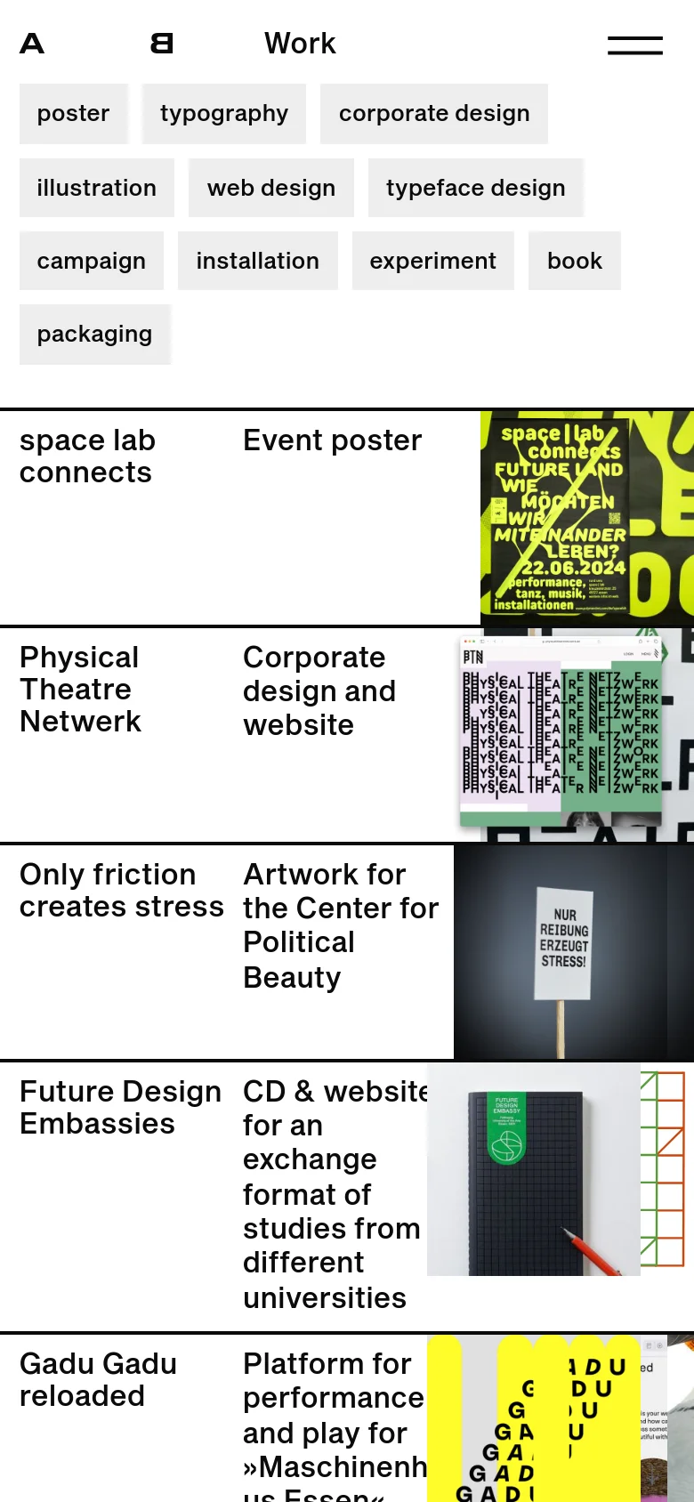 The mobile version maintains the minimalist white and black aesthetic but optimizes the layout for a narrow screen. The filter buttons are stacked or wrap into multiple rows, and the project entries transition from a horizontal row to a vertical stack, placing the text description above or below the project images.