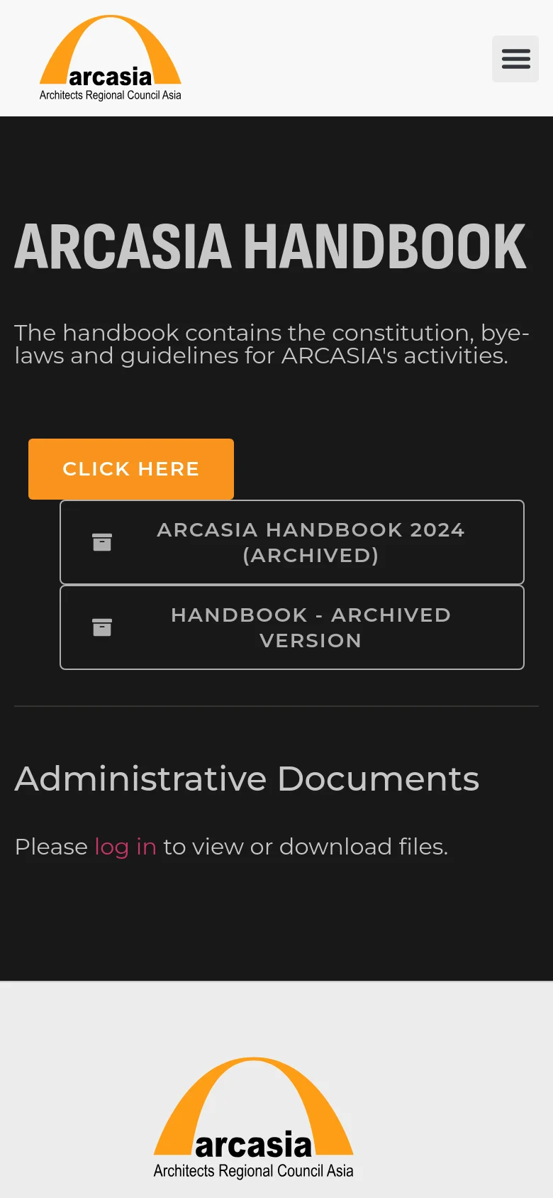 The mobile version presents a vertically stacked layout with the 'ARCASIA HANDBOOK' headline and description at the top. The call-to-action buttons, including the orange 'CLICK HERE' button and the two archived version buttons, are arranged in a single column. A hamburger menu icon is visible in the header, and the footer contains the logo and links in a simplified vertical list.