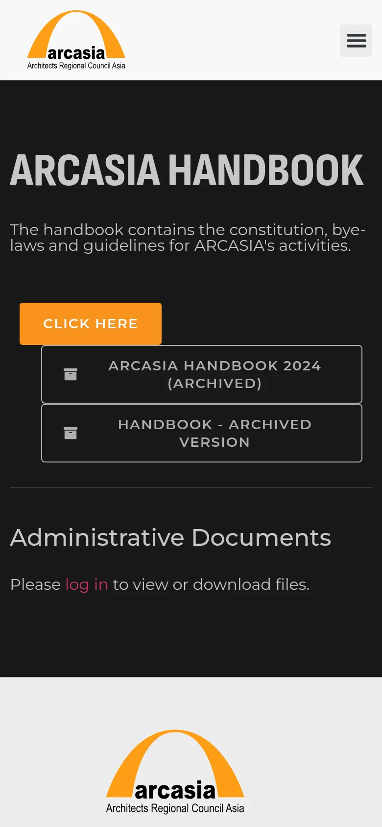 The mobile version presents a vertically stacked layout with the 'ARCASIA HANDBOOK' headline and description at the top. The call-to-action buttons, including the orange 'CLICK HERE' button and the two archived version buttons, are arranged in a single column. A hamburger menu icon is visible in the header, and the footer contains the logo and links in a simplified vertical list.