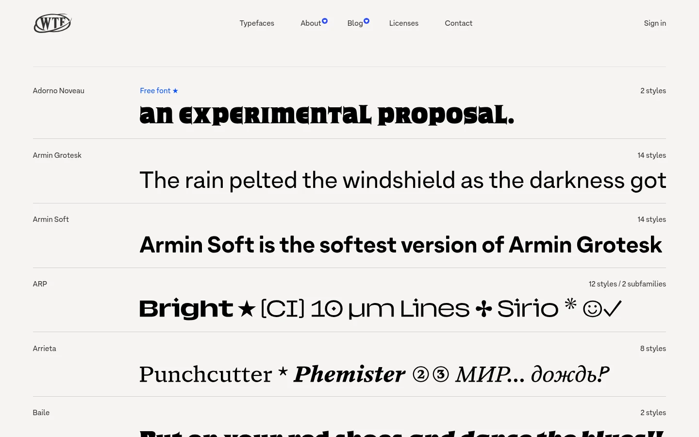 The Typefaces page features a clean, minimalist white layout with a top navigation bar containing the W Type Foundry logo and links for Typefaces, About, Blog, Licenses, Contact, and Sign in. A vertical list displays various font families, each with its name, number of styles, and a large visual specimen of the typeface in black text. Thin horizontal lines separate each font entry.