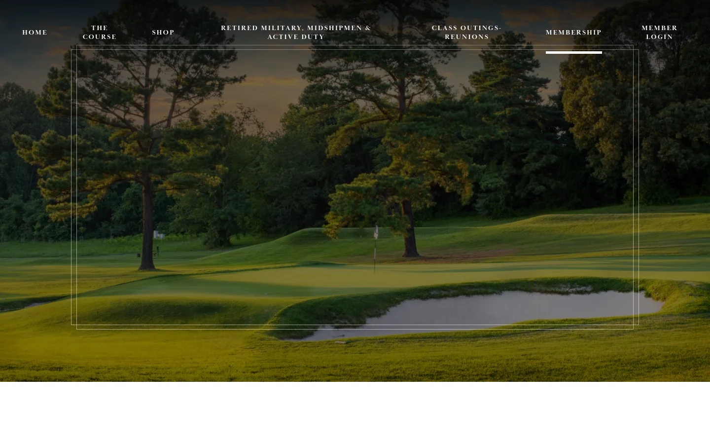 The desktop page features a wide hero image of a lush green golf course with trees and a sand trap at sunset. A horizontal navigation menu sits atop the image, and below the hero section, a large serif headline reads 'Membership' followed by a text block explaining that new memberships are currently unavailable.