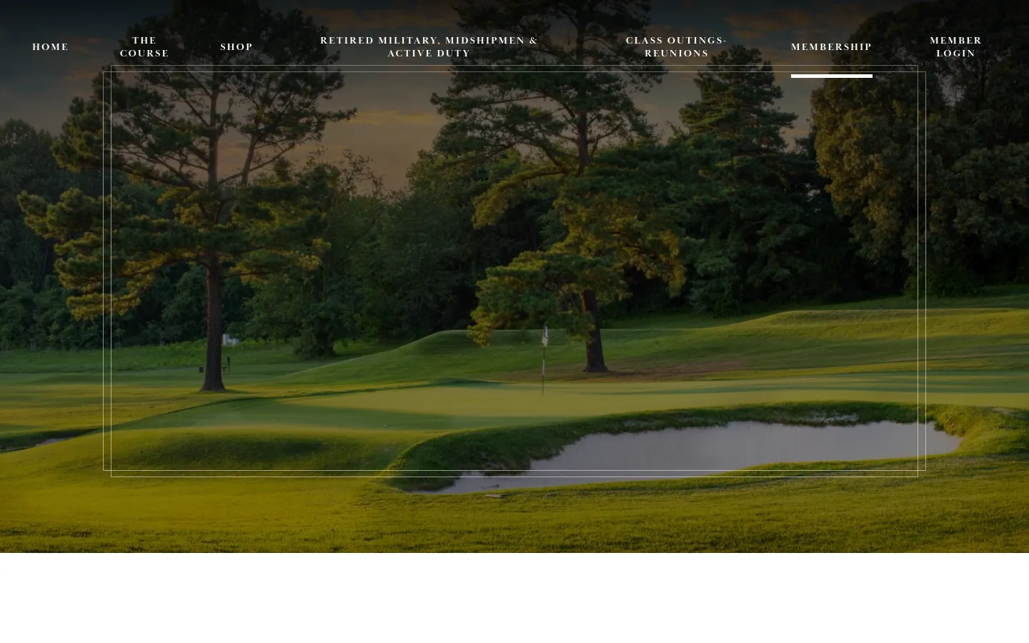 The desktop page features a wide hero image of a lush green golf course with trees and a sand trap at sunset. A horizontal navigation menu sits atop the image, and below the hero section, a large serif headline reads 'Membership' followed by a text block explaining that new memberships are currently unavailable.