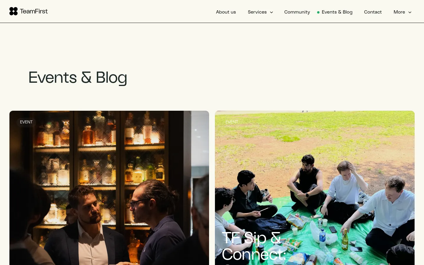 The Events & Blog page features a clean, minimalist layout with a white background and dark text. A large 'Events & Blog' headline sits above a grid of large, high-quality rectangular image cards, each containing a category tag like 'Event' or 'Opinion', a title, date or series info, and a 'Read more' link.