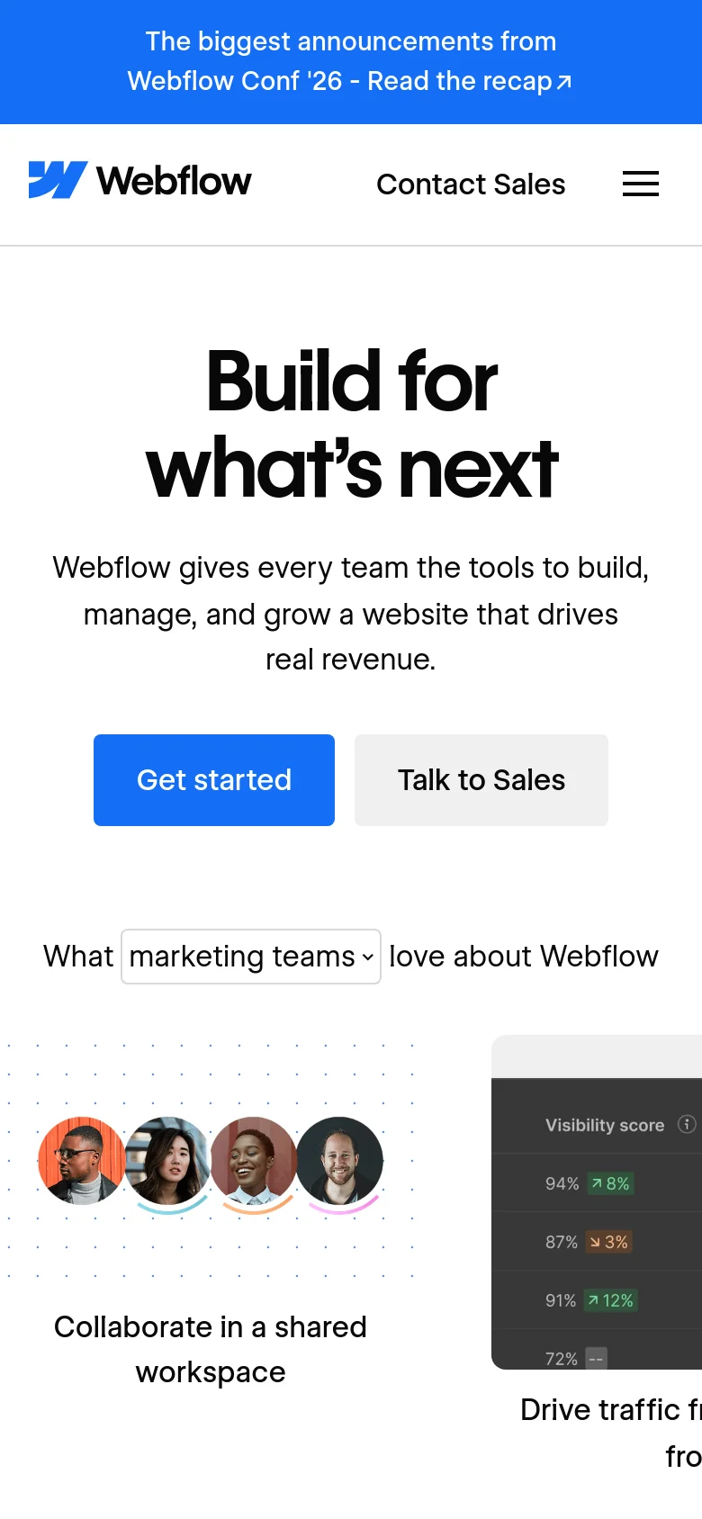 Mobile version of the Webflow homepage with a centered layout. The hero headline 'Build for what’s next' is stacked vertically above the description and two large, full-width buttons for 'Get started' and 'Talk to Sales'. The feature slider transitions into a vertical stack of content cards, and the top navigation is replaced by a hamburger menu and 'Contact Sales' link.