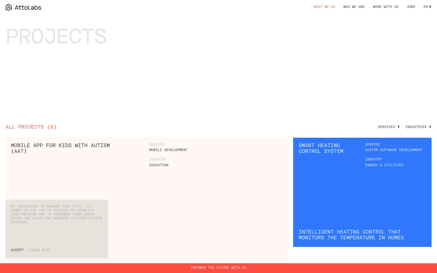 The desktop version of the AttoLabs Projects page features a minimalist white background with a large, light gray 'PROJECTS' headline. Below, project cards are arranged in a grid layout, displaying project titles, service types, and industries, with one card highlighted in a bright blue block. A navigation menu is at the top right, and a cookie consent banner appears at the bottom left.