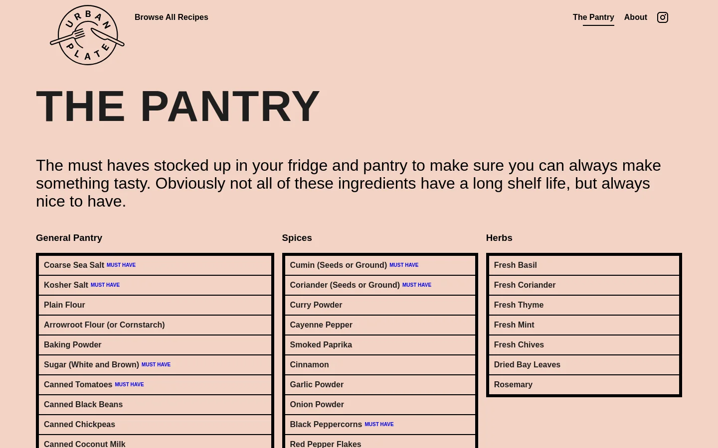 The desktop version of The Pantry page features a minimalist design with a cream background and black text. The Urban Plate logo is on the top left, with navigation links for 'Browse All Recipes', 'The Pantry', and 'About' on the right. A large 'THE PANTRY' headline is followed by an introductory paragraph and three columns of categorized ingredient lists including General Pantry, Spices, and Herbs.