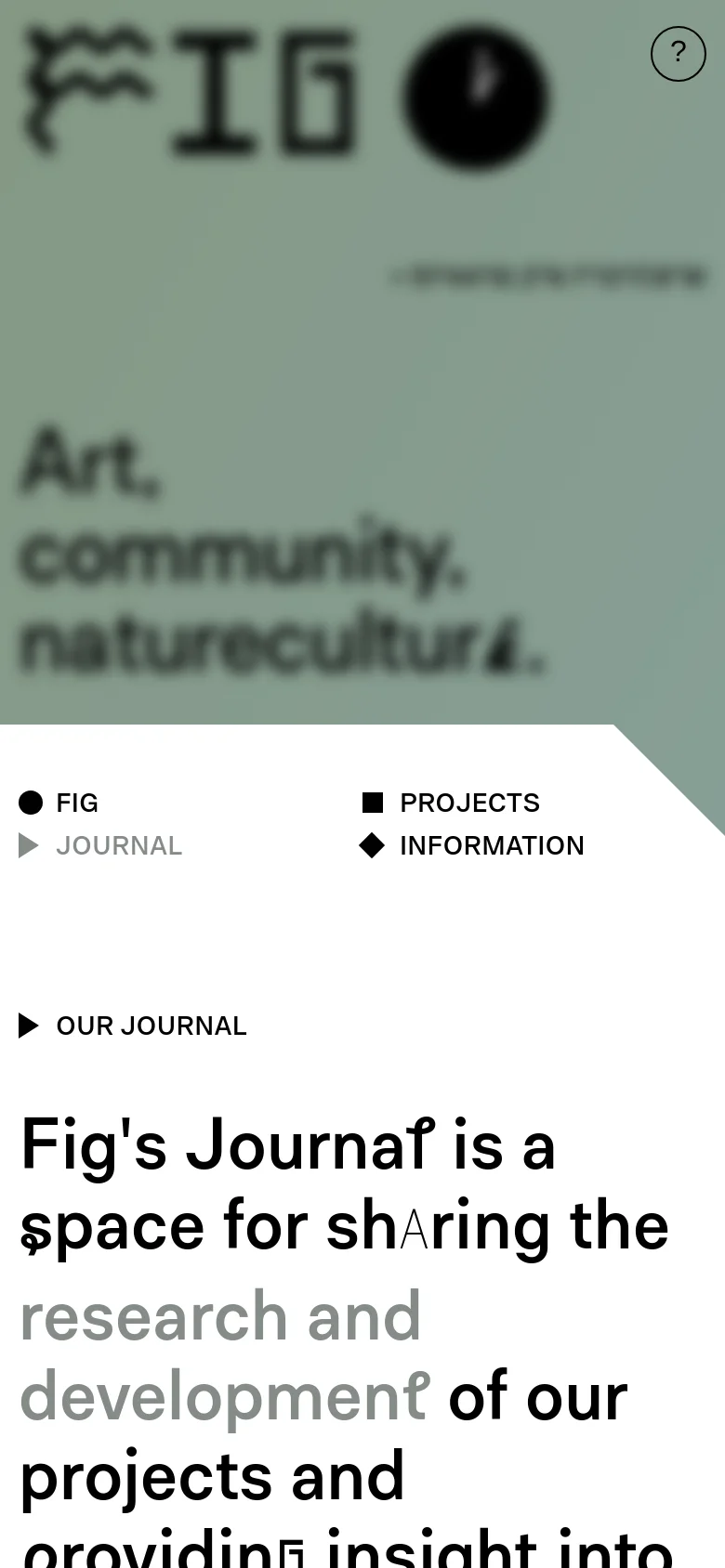 The mobile version maintains the minimalist aesthetic but uses a vertical stack layout. The navigation links are repositioned, and the large introductory text and journal article entries are scaled to fit a narrower screen, prioritizing readability of the bold headings.