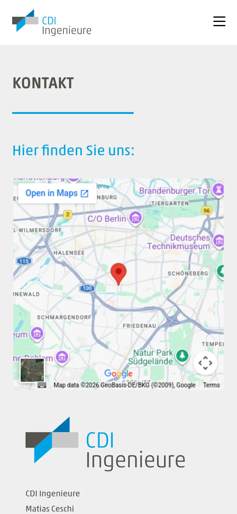 The mobile version presents a simplified vertical layout with a hamburger menu in the header. The 'KONTAKT' heading and Google Map are stacked vertically, followed by the contact details and company logo at the bottom, optimizing the view for a narrow screen.