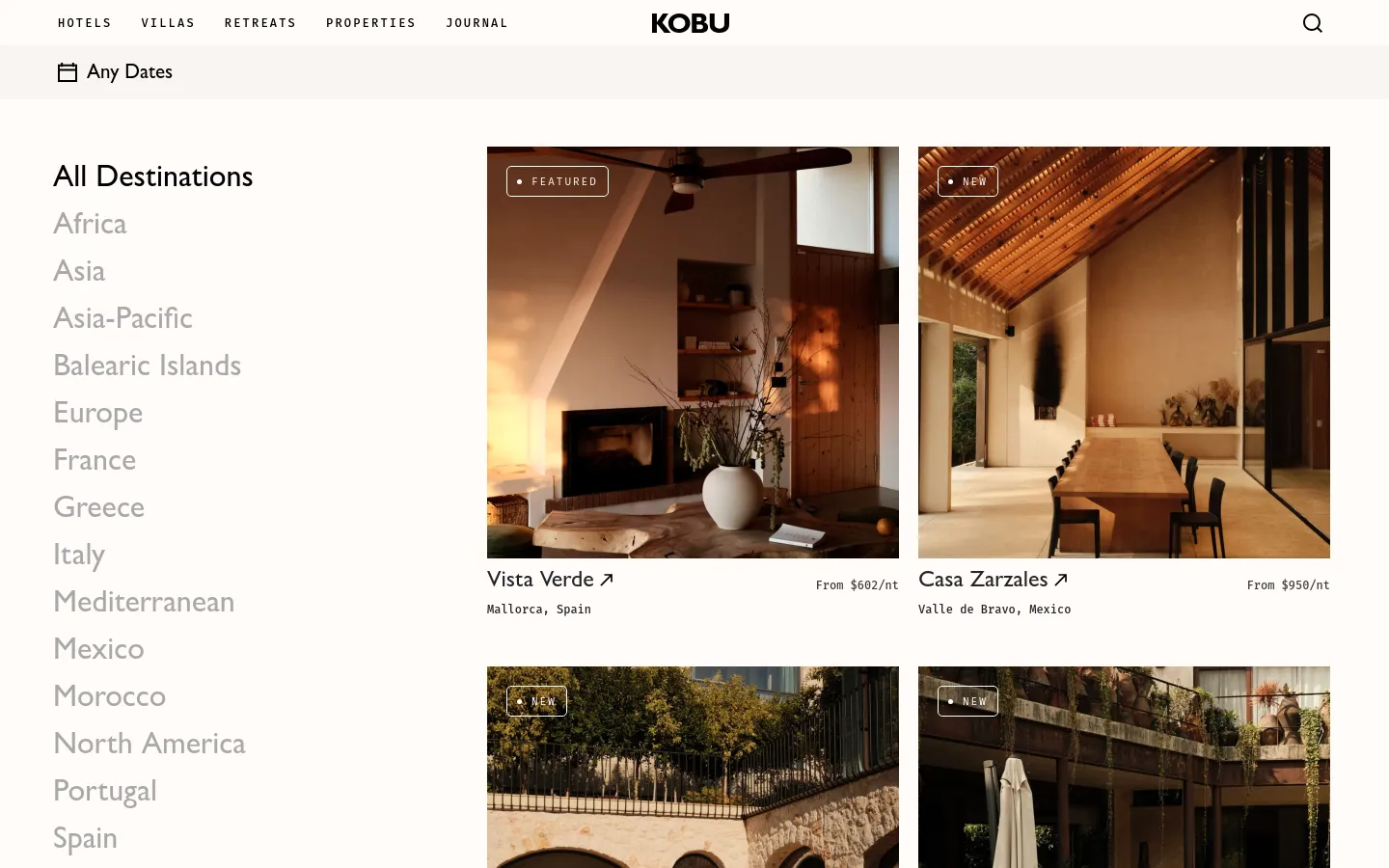 The desktop website features a minimalist white header with the Kobu logo, navigation links, and a search icon. Below, a date picker sits above a two-column layout consisting of a vertical list of destinations on the left and a grid of villa listings on the right, each showing a large photograph, title, location, and price.