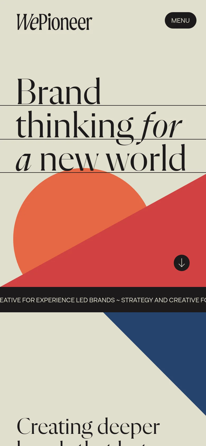 The mobile version maintains the beige background and large serif typography but stacks the elements vertically for a narrower view. The 'WePioneer' logo is on the left with a prominent black 'MENU' button on the right, and the abstract orange and red shapes are scaled to fit the portrait orientation.