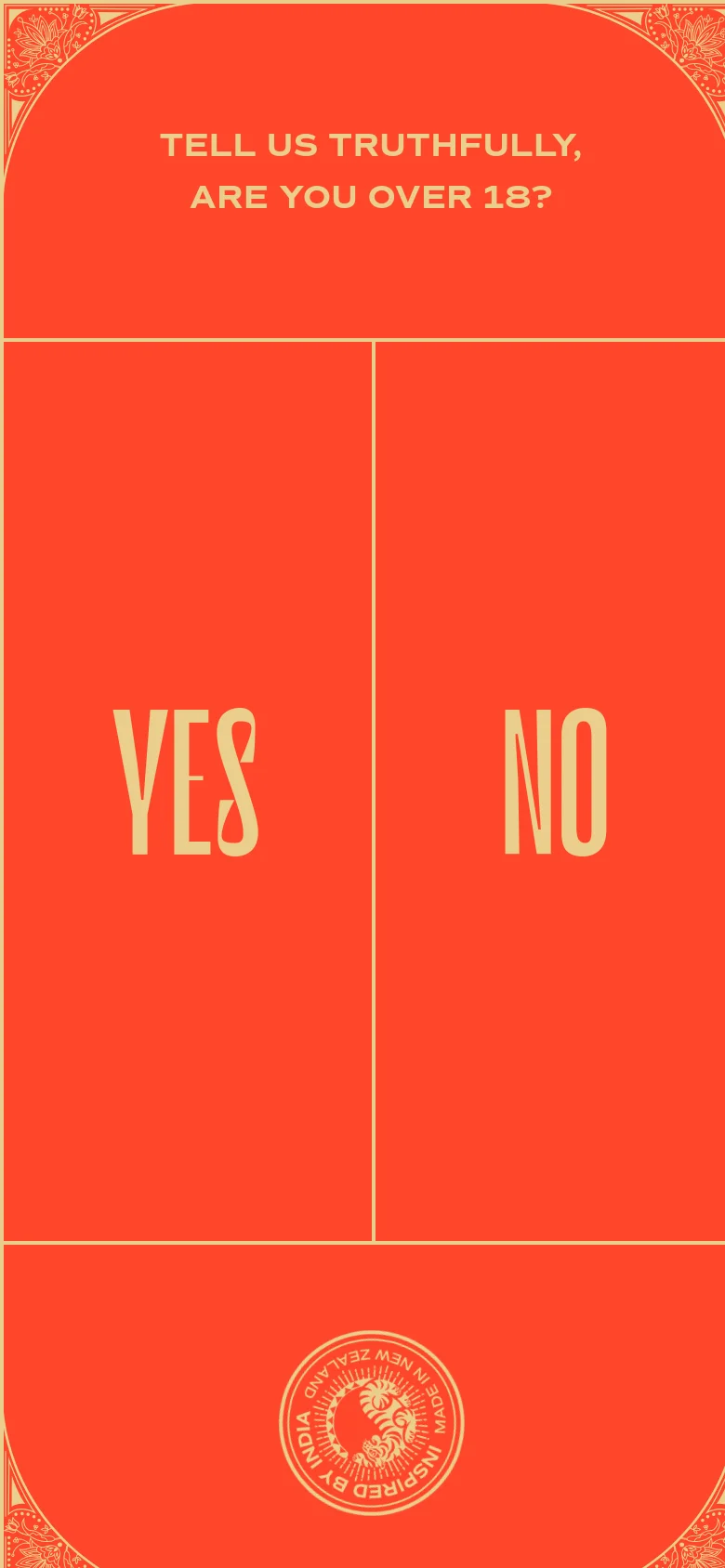 A mobile-optimized age verification screen featuring a vibrant orange background and gold ornamental corners. Large, vertical cream-colored text displays 'YES' and 'NO' as primary selection buttons under the question 'TELL US TRUTHFULLY, ARE YOU OVER 18?'.