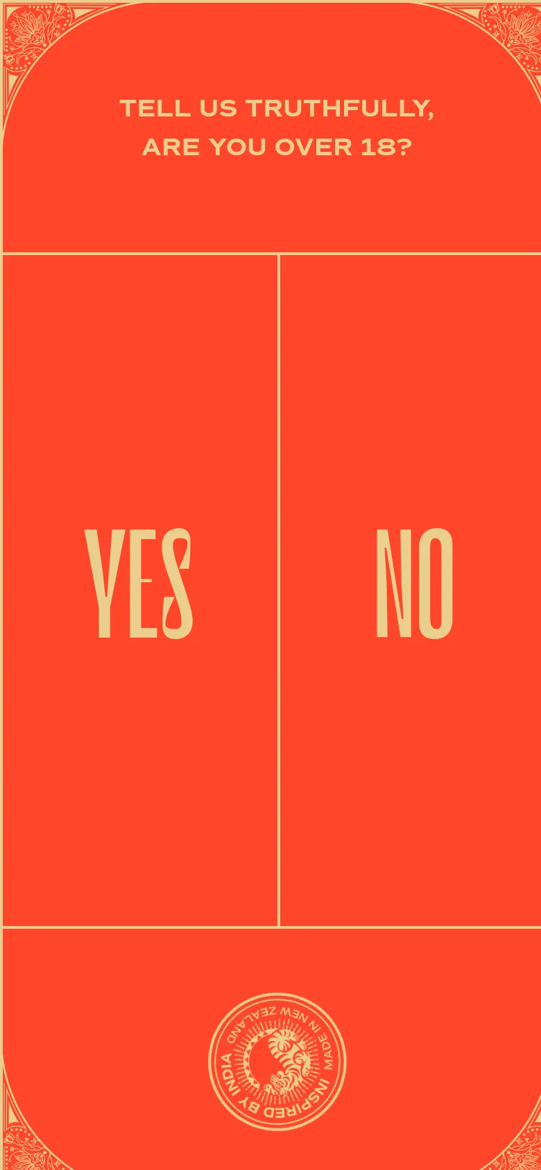 A mobile-optimized age verification screen featuring a vibrant orange background and gold ornamental corners. Large, vertical cream-colored text displays 'YES' and 'NO' as primary selection buttons under the question 'TELL US TRUTHFULLY, ARE YOU OVER 18?'.