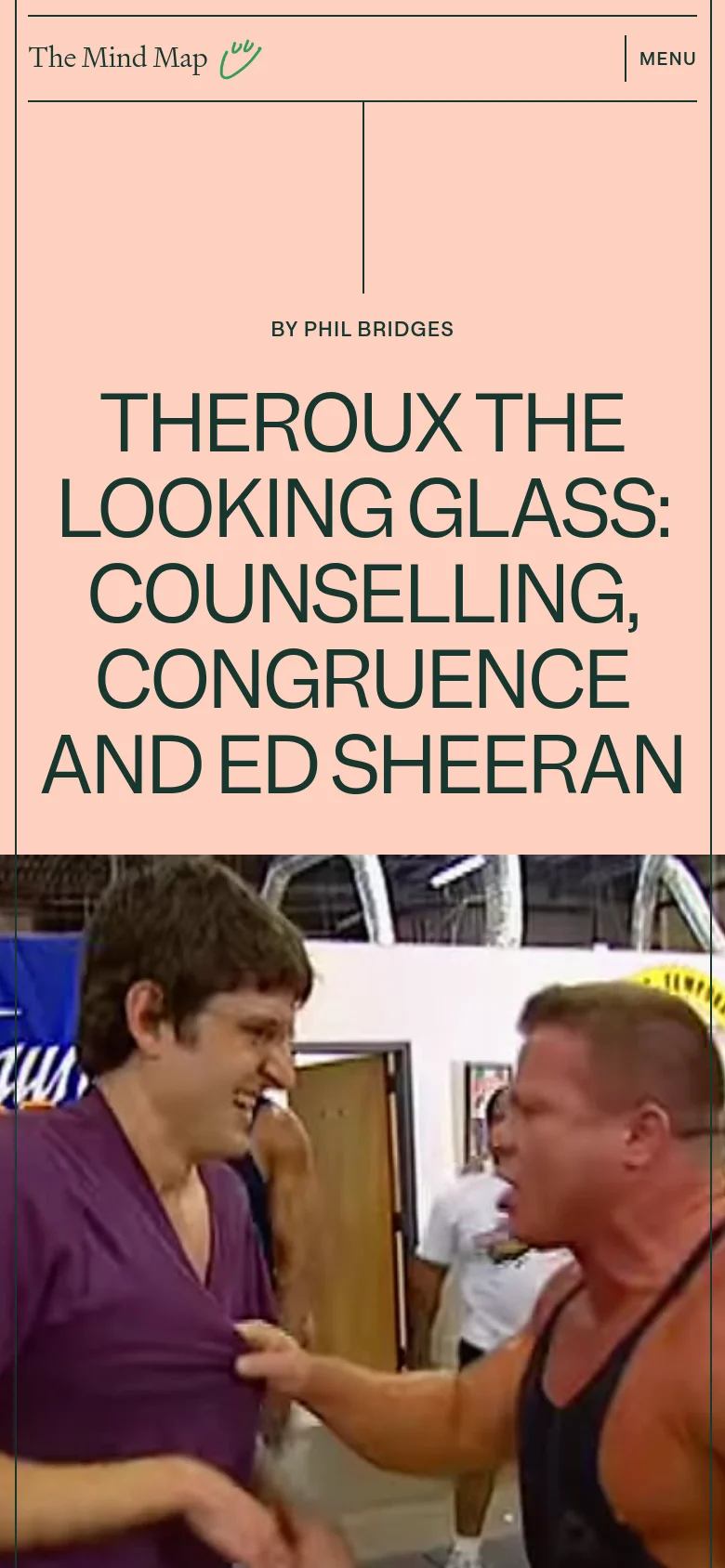 The mobile version of the page uses a vertical stack layout, placing the peach-colored header and title section at the top. The large photograph of two men in a gym is positioned below the headline and author information. The navigation menu is condensed into a 'MENU' button at the top right.