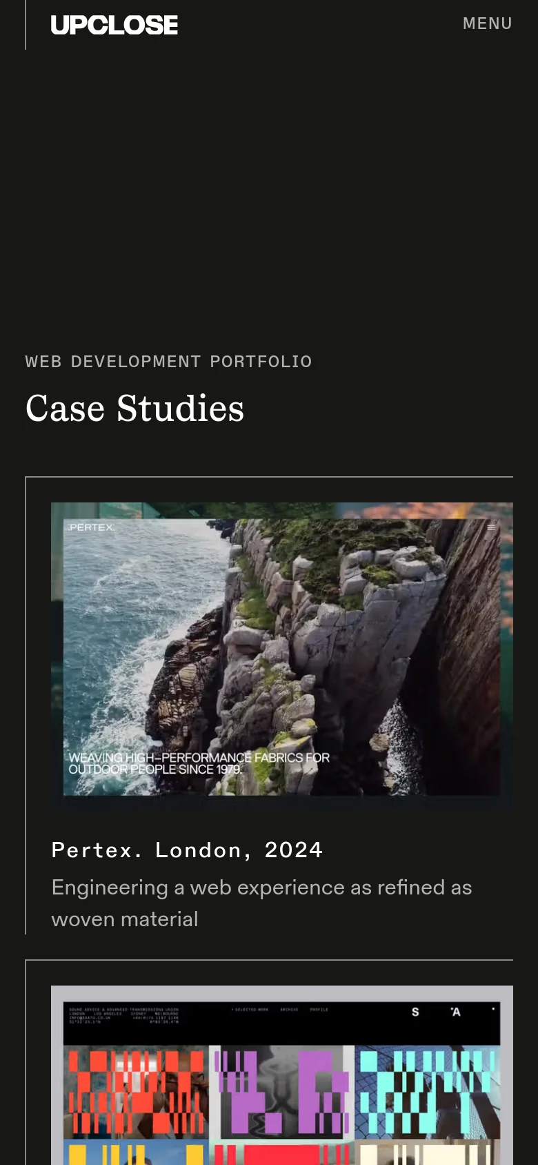 The mobile version maintains the dark theme and minimalist aesthetic but shifts to a single-column vertical layout. The navigation is condensed into a 'MENU' button at the top right, and the case study images and text descriptions are stacked vertically for easier scrolling on a narrow screen.