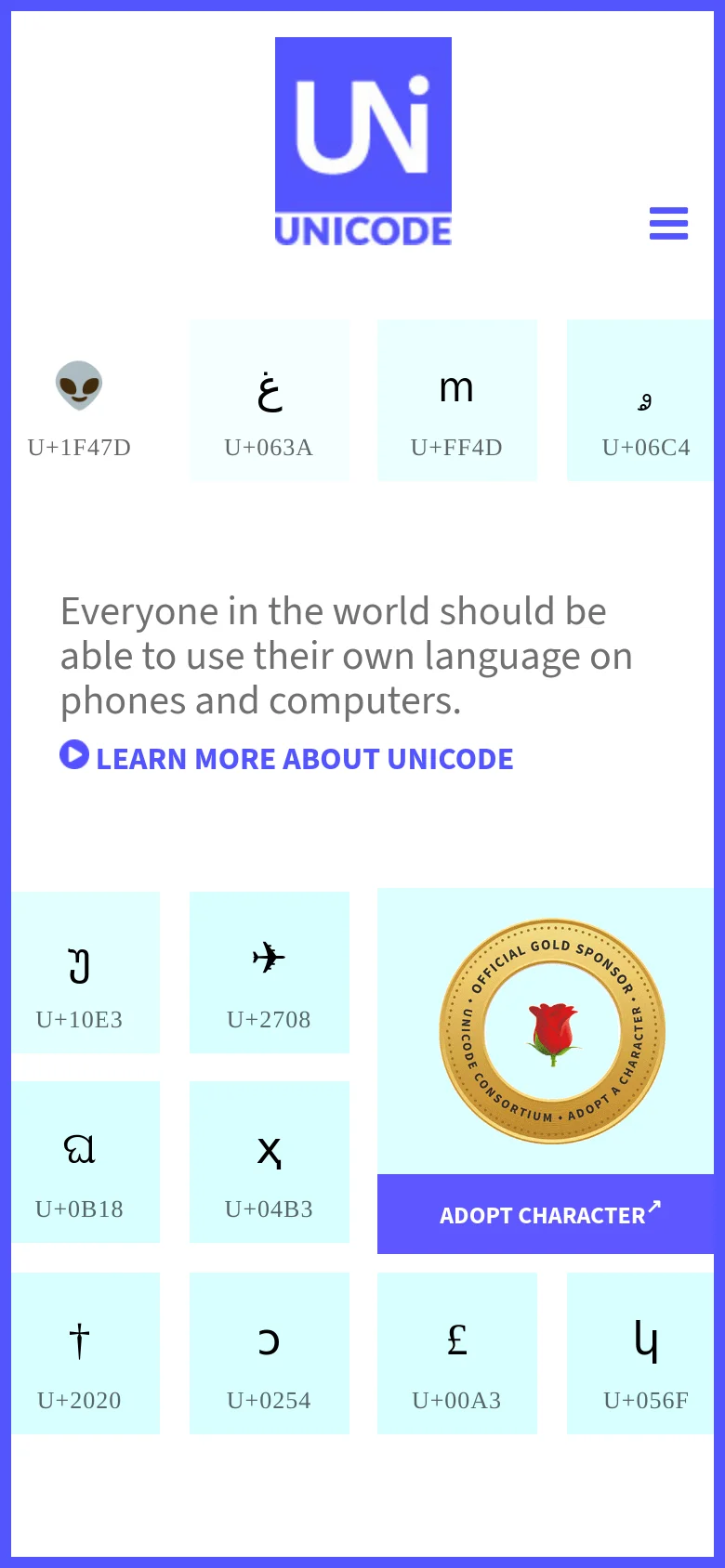 The mobile version presents a simplified, single-column view of the character grid and hero section. The navigation menu is collapsed into a hamburger icon at the top right, and the central headline is stacked vertically above the 'Learn More' call to action. The character tiles are resized to fit the narrower screen width.