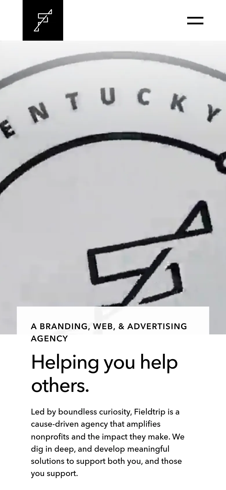 The mobile version presents a simplified, vertically stacked layout with a large hero graphic. The agency's logo is positioned at the top left, while a hamburger menu icon is located at the top right. The primary text, 'Helping you help others.', is prominently displayed in a large font over the background imagery.