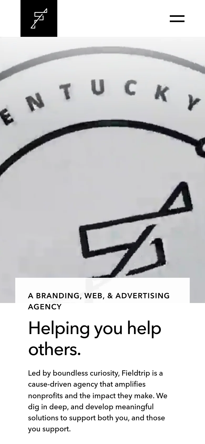 The mobile version presents a simplified, vertically stacked layout with a large hero graphic. The agency's logo is positioned at the top left, while a hamburger menu icon is located at the top right. The primary text, 'Helping you help others.', is prominently displayed in a large font over the background imagery.