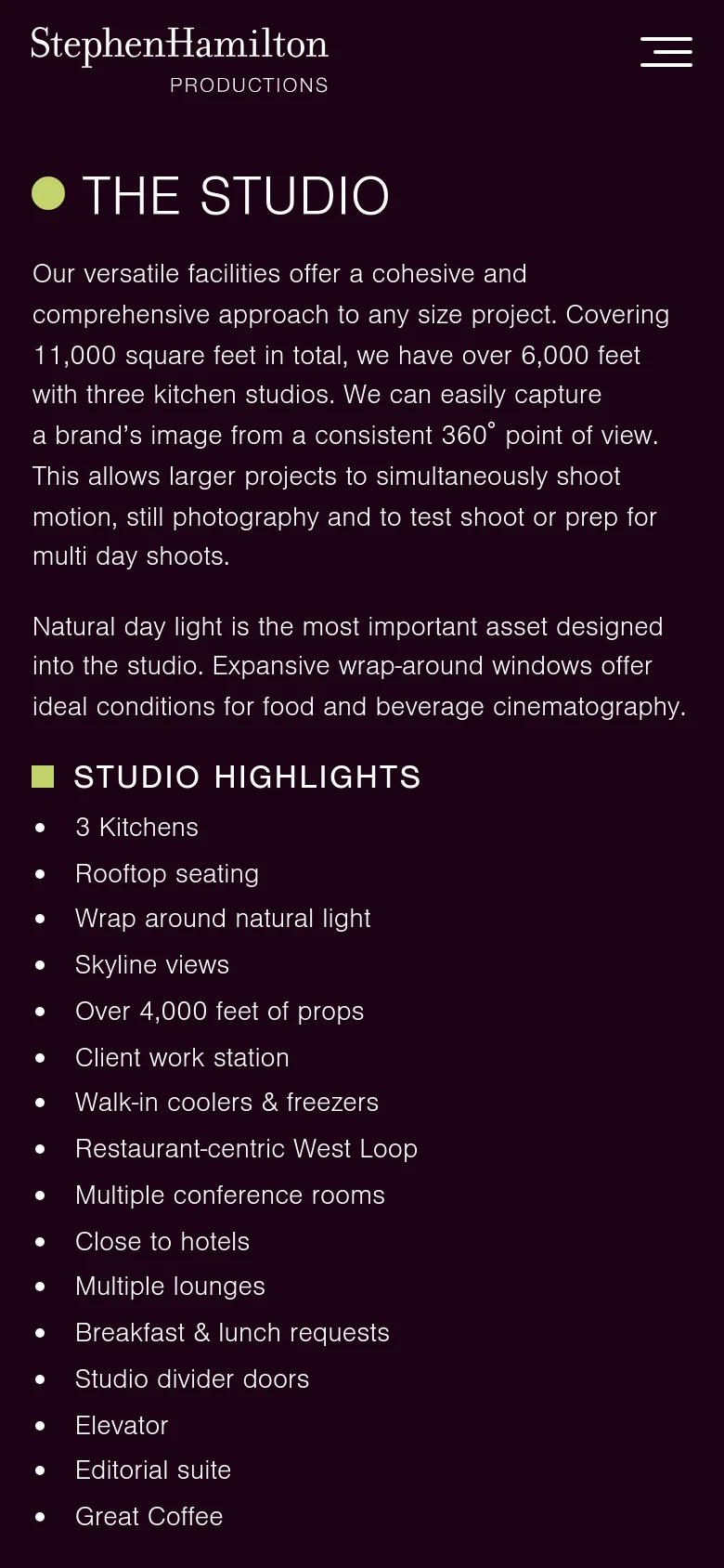 The mobile version maintains the dark theme and gold accents but uses a single-column layout. The text and bulleted list of studio highlights are stacked vertically for easier scrolling, and the top navigation is replaced by a hamburger menu icon.