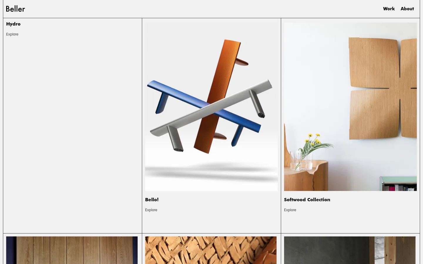 The desktop version of the Beller Work page features a minimalist grid layout with large, high-quality project images against a light grey background. Each project tile includes a title like 'Bello!' or 'Softwood Collection' and an 'Explore' link, with a clean navigation bar at the top containing the brand name and links for Work and About.