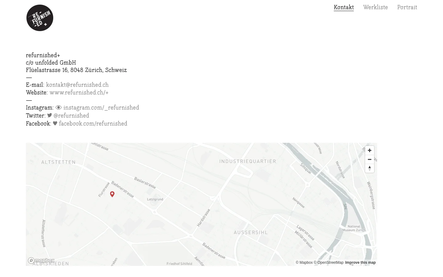 The desktop contact page features a minimalist white layout with black text. It displays the company address, email, website, and social media links on the left, with a large interactive Mapbox map occupying the bottom half of the screen. A circular black logo is positioned in the top left corner, and navigation links are in the top right.