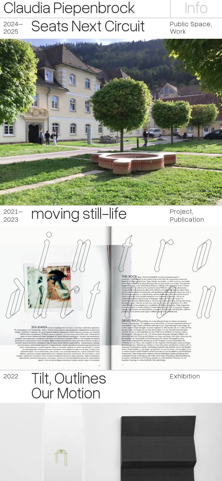 The mobile version maintains the minimalist aesthetic but uses a vertical stack layout. The header remains at the top, followed by large, full-width images of artworks and publications that scroll vertically, with text descriptions and project titles placed above or below the imagery.