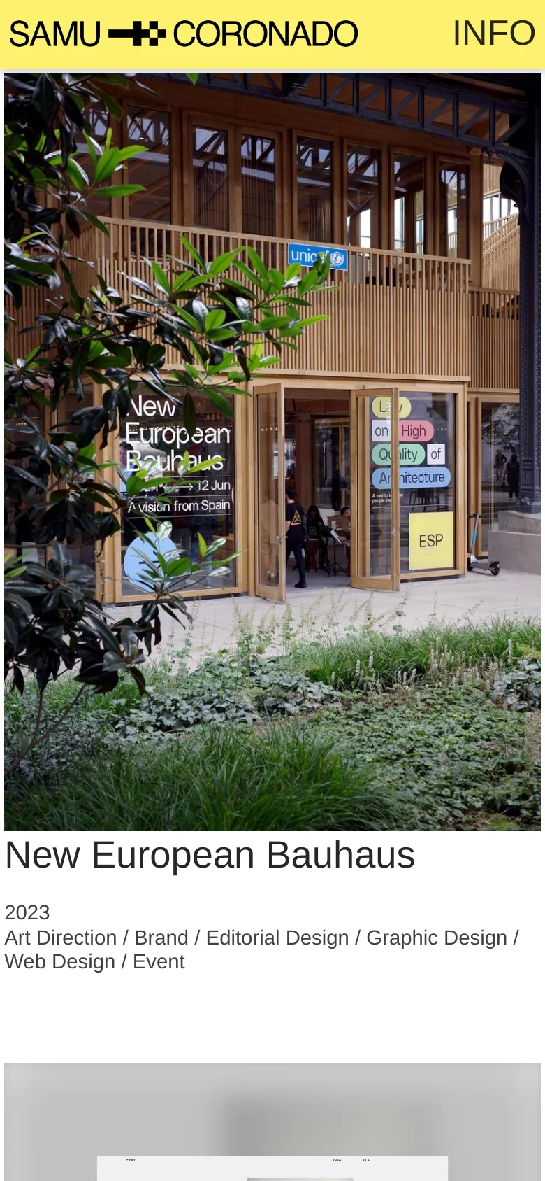 The mobile version presents a single-column vertical scroll of large, full-width project images. The header is simplified to the name 'SAMU CORONADO' and 'INFO', focusing the user's attention on the visual project showcase and its corresponding descriptive text below.