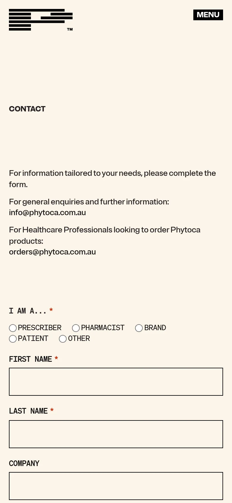 The mobile version uses a simplified vertical layout on a cream background. The top navigation is replaced by a 'MENU' button next to the logo, and the contact form fields and text are stacked vertically for easier scrolling on a smaller screen.