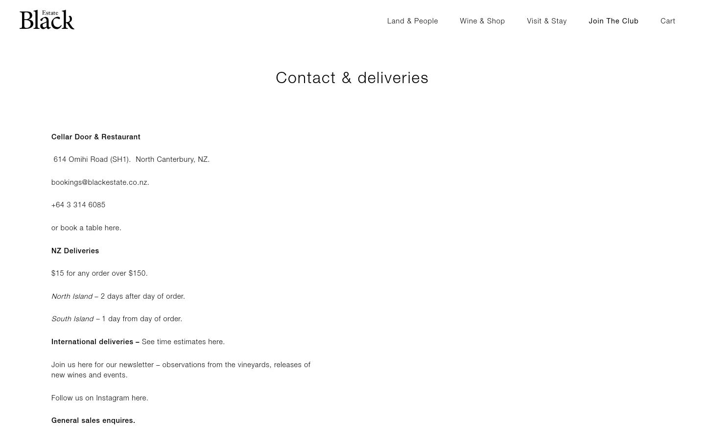 The desktop version of the Contact & deliveries page features a clean, minimalist layout with a white background and black text. The Black Estate logo is in the top left, with a horizontal navigation menu on the right, and the main heading is centered. Contact details for the cellar door, restaurant, and various delivery options are organized in a single-column text format below the heading.