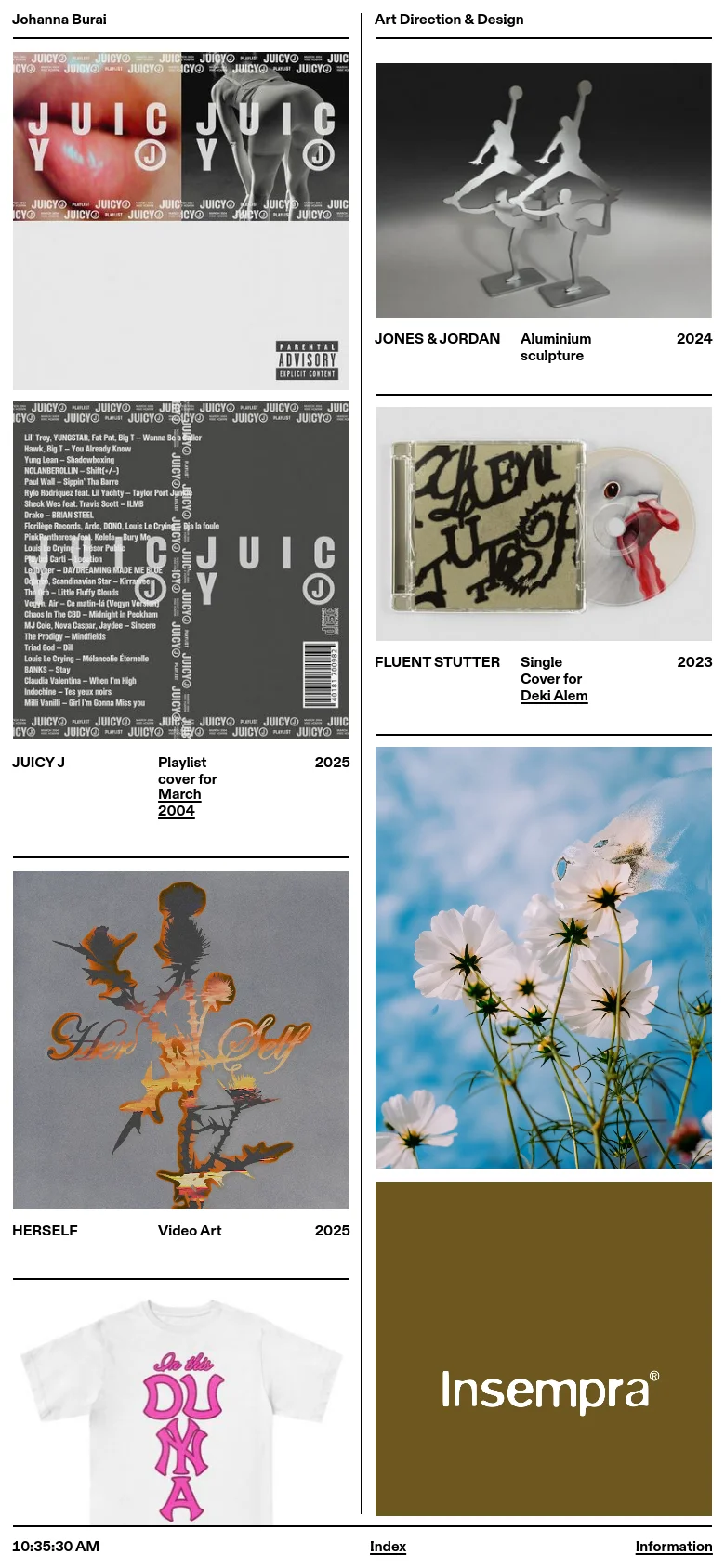 The mobile version presents a single-column vertical scroll of the portfolio projects. The layout simplifies the desktop grid into large, full-width image blocks stacked on top of each other, with project titles and years positioned directly below each image for easier reading on a small screen.