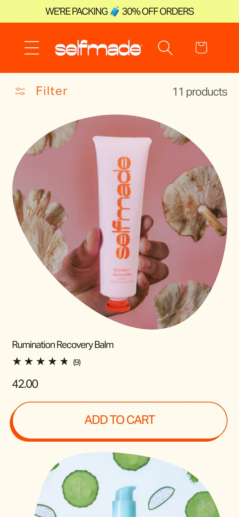 The mobile version simplifies the layout with a hamburger menu and a prominent 'Filter' button at the top. The product grid shifts to a single-column view, focusing on large circular product imagery, titles, ratings, and prices, followed by a full-width 'ADD TO CART' button for each item.